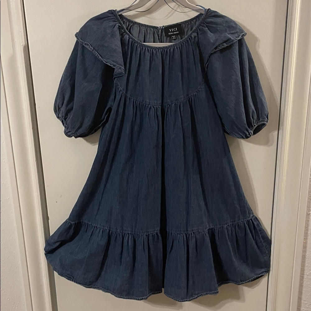 Vici Chambray Puff Sleeve Denim Blue Casual Dress